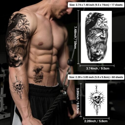 77 Sheets Viking Temporary Tattoos Adult Kids, Viking Pirate Tribal Totem Fake Tattoos Stickers, Nordic Norse Celtic Half Arm Sleeve Tattoos Body Art for Women Men - Image 3