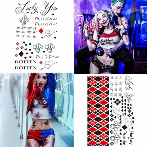 5 Large-size Sheets Halloween Temporary Tattoos for Joker, Halloween Fake Tattoos Stickers for Harley Quinn for Suicide Squad- Perfect for Halloween, Parties, Cosplay and Costumes (11.8 * 7.9 inch) - Image 2