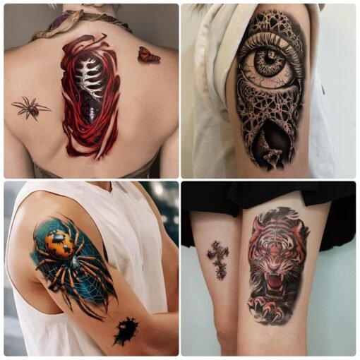 77 Sheets 3D Realistic Temporary Tattoos Adults Kids, Realistic Skull Tiger Wolf Lion Dragon Spider Snake Temporary Tattoos For Women Men, Half Arm 3D Halloween Temp Tattoos Look Real And Last Long - Image 4