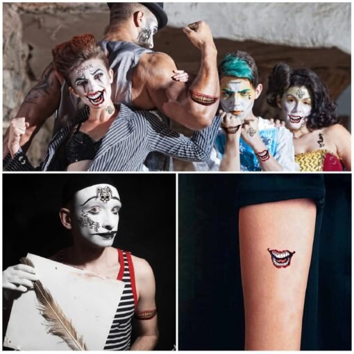 5 Large-size Sheets Halloween Temporary Tattoos for Joker, Halloween Fake Tattoos Stickers for Harley Quinn for Suicide Squad- Perfect for Halloween, Parties, Cosplay and Costumes (11.8 * 7.9 inch) - Image 4
