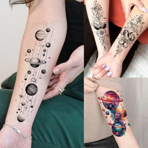 70 Sheets Watercolor Planets Galaxy Temporary Tattoos For Women Men Kids Boys Girls, 3D Star Universe Solar System Waterproof Half Arm Sleeve Tattoos For Adult, Forearm Fake Tattoo Sticker Outer Space - Image 3