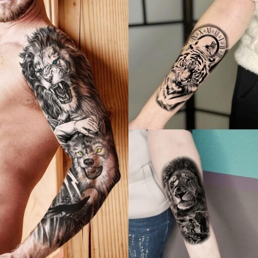 20 Sheets Cool Lion Full Arm Temporary Tattoos For Men Adults Thigh, Wolf Tiger Warrior Maori Totem Fake Sleeve Tattoos For Women, 3D Bulk Black Tribal Clock Halloween Tattoo Stickers - Image 2