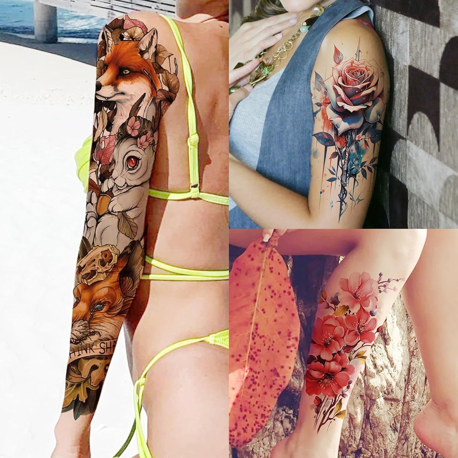 20 Sheets Sexy Rose Flower Full Arm Temporary Tattoos For Women Girl, Large Peony Lotus Florals Wolf Lion Tiger Fox Skull Fake Sleeve Tattoo - Image 3
