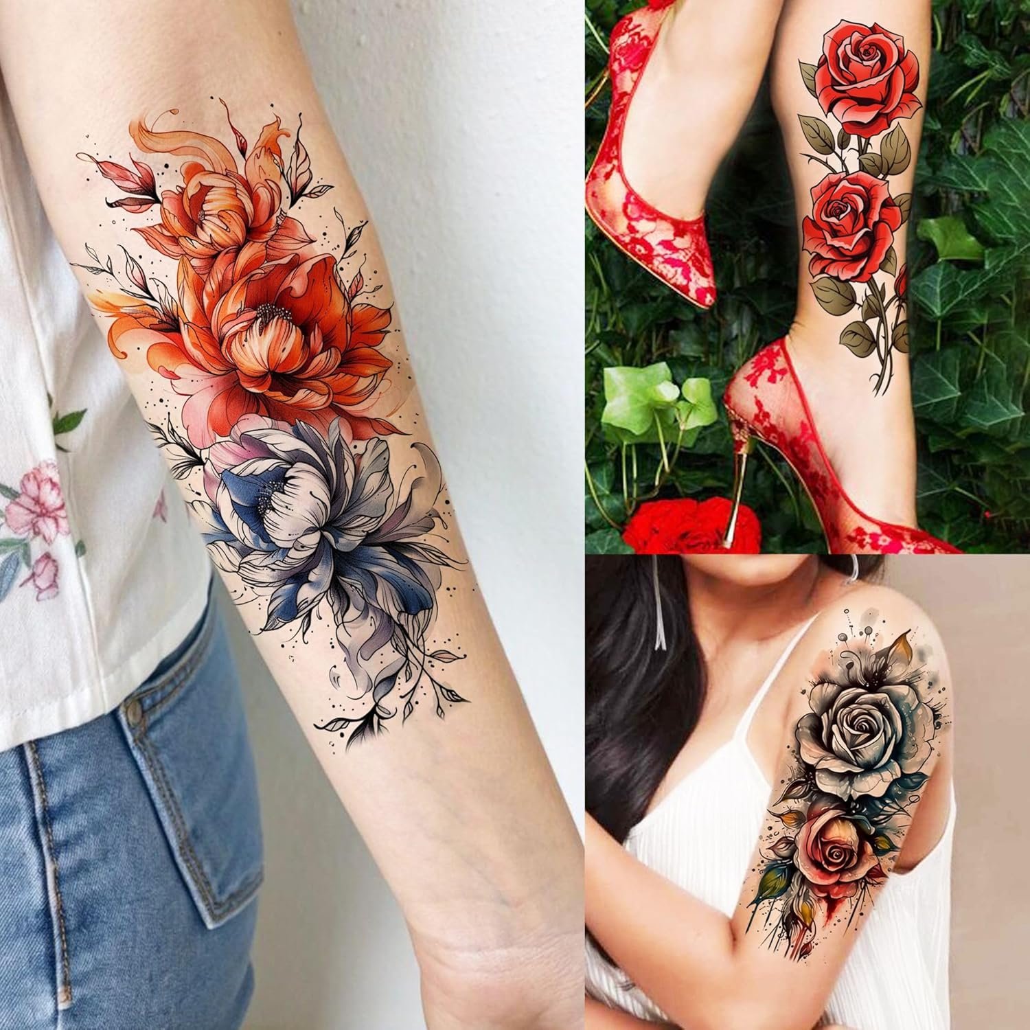 69 Sheets Watercolor 3D Rose Flowers Temporary Tattoos For Women Girls Adults, Realistic Peony Florals Fake Tattoo Stickers Dreamcatcher, Colorful Bulk Half Arm Sleeve Tattoo Butterfly Tiger - Image 3
