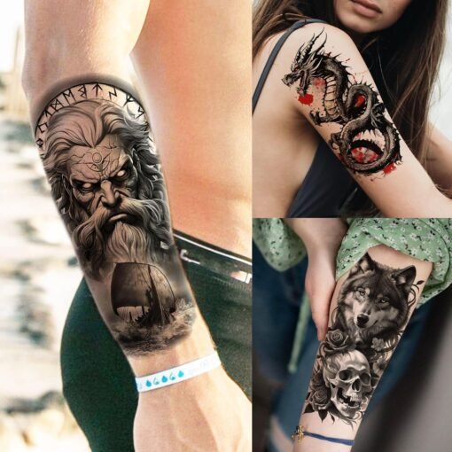 72 Sheets Cool Lion Tiger Temporary Tattoos For Women Men Adults, Waterproof Realistic Halloween Fake Tattoo Stickers Zeus God Jesus Christ Wolf Skull Skeleton Owl Dragon, Temp Gothic Black Tattoo - Image 2