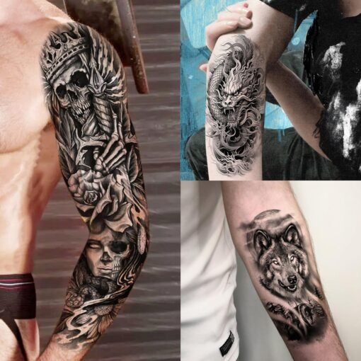 20 Sheets Cool Wolf Lion Tiger Full Arm Temporary Tattoos For Men Adults Thigh, Skull Nun Maori Flower Fake Sleeve Tattoo For Women, 3D Bulk Black Tribal Eye Halloween Clock Christ Tattoo Stickers - Image 5