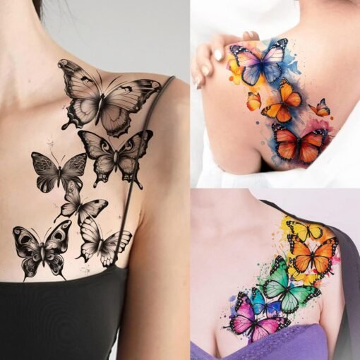68 Sheets Realistic Butterflies Temporary Tattoos For Women Girls Adults Arm, Colored Long Lasting Temp Bulk Tattoo Rose Butterfly, 3D Black Butterfly Fake Tattoo Stickers Party Rave Accessories - Image 4
