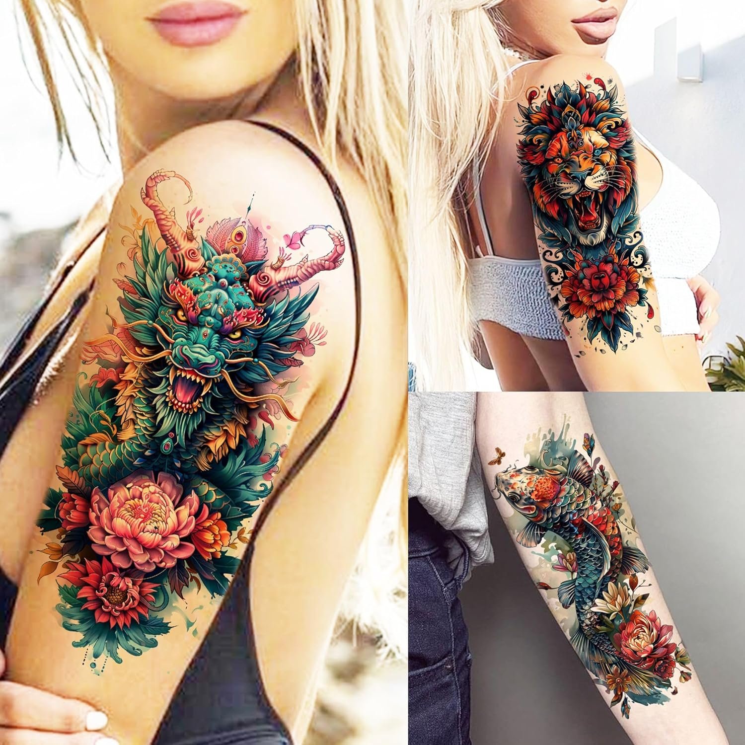 71 Sheets Dead Skull Temporary Tattoos For Women Men Adults, Old School Halloween Fake Tattoo Stickers Tiger Wolf Lion Dragon Flowers, Temp Punk Gothic Chicano Carp Skeleton Tattoo Indian Eagle Floral - Image 4