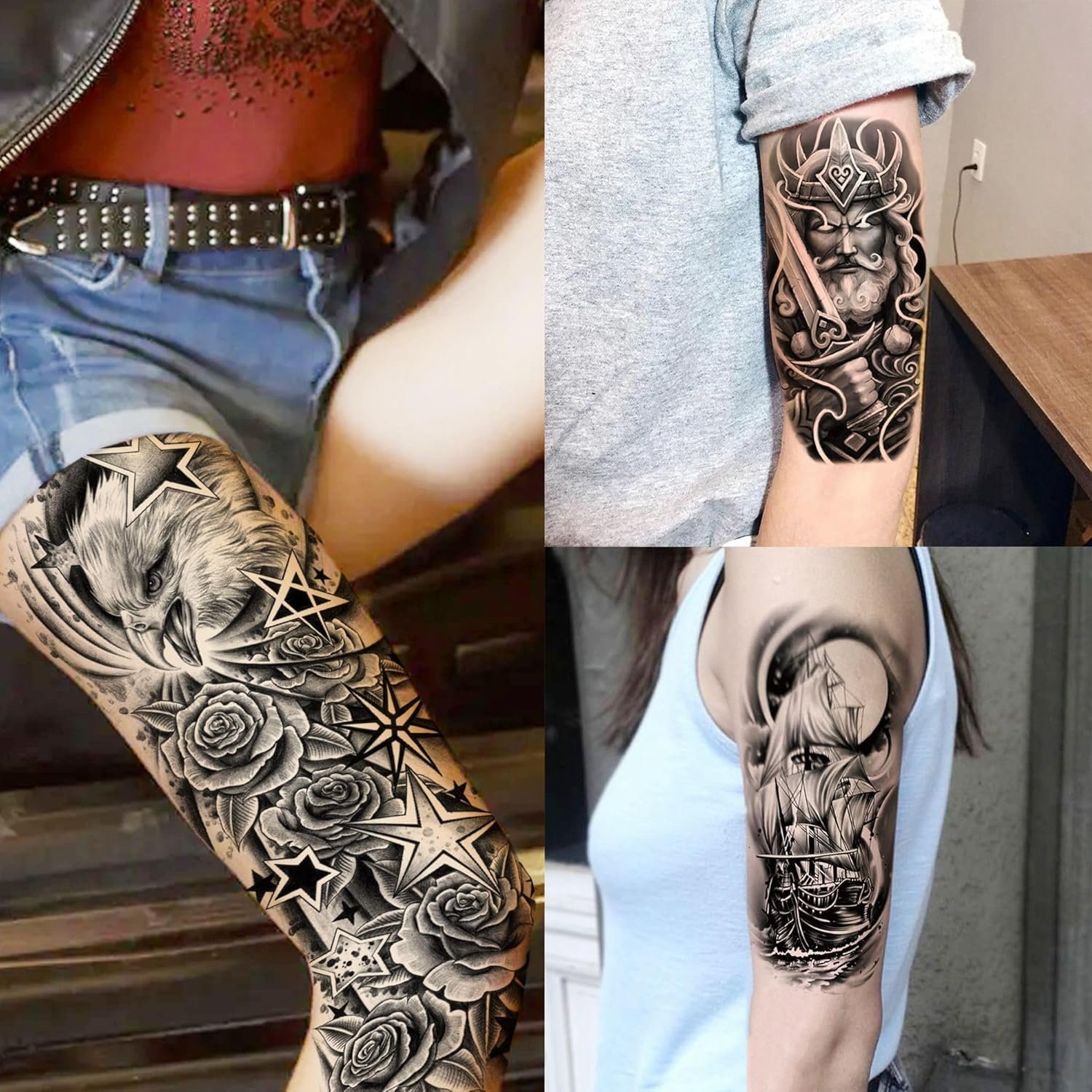 20 Sheets Extra Large Full Arm Temporary Tattoos For Women, 8 Sheets Full Sleeve Tattoos For Men Zeus Lion Tiger Ship Eagle Rose Flower Wolf, Long Lasting Temp Bulk Tattoo For Adults Maori Skull - Image 7