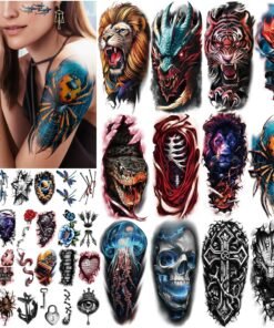 77 Sheets Temporary Tattoos Adult Dragon Skull Snake Lion Tiger Rose Realistic Half Arm Fake Tattoos Stickers for Women Men Kids, Body Shoulder Neck Chest Tattoo