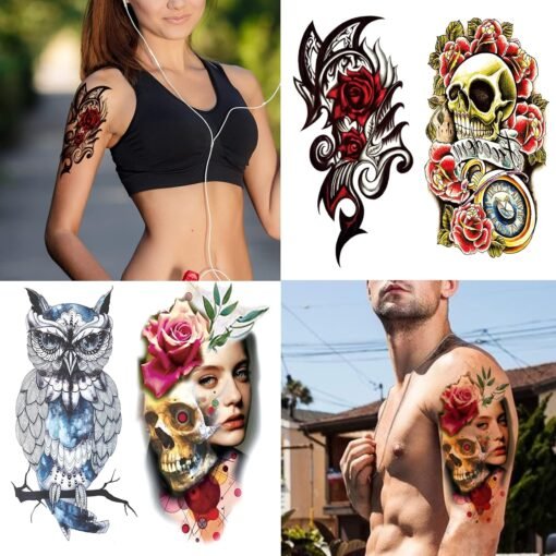 80 Sheets Temporary Tattoos Stickers, Fake Body Arm Chest Shoulder Tattoos for Men and Women, Halloween Temporary Tattoos Black Fake Skull Skeleton Tattoos for Halloween Cosplay - Image 3
