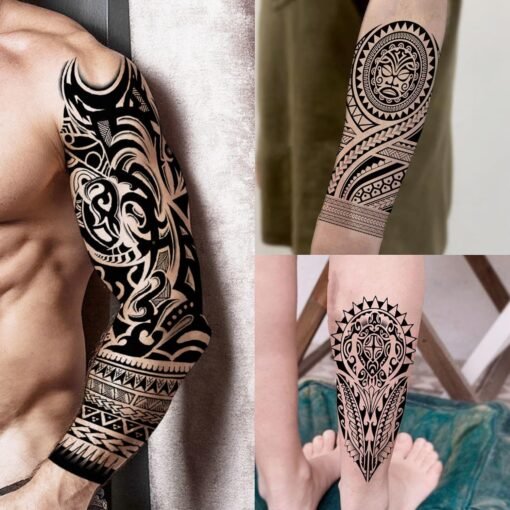 20 Sheets Cool Wolf Lion Tiger Full Arm Temporary Tattoos For Men Adults Thigh, Skull Nun Maori Flower Fake Sleeve Tattoo For Women, 3D Bulk Black Tribal Eye Halloween Clock Christ Tattoo Stickers - Image 3