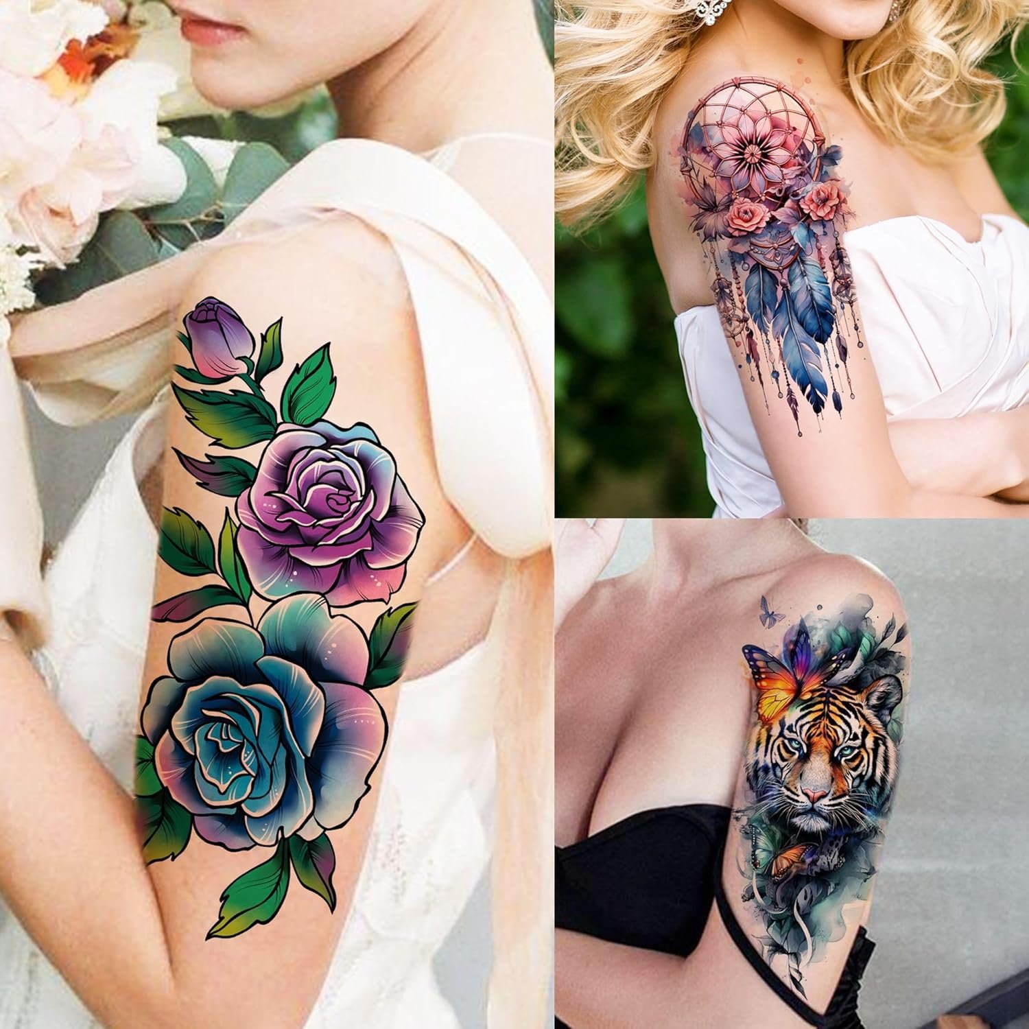 69 Sheets Watercolor 3D Rose Flowers Temporary Tattoos For Women Girls Adults, Realistic Peony Florals Fake Tattoo Stickers Dreamcatcher, Colorful Bulk Half Arm Sleeve Tattoo Butterfly Tiger - Image 4