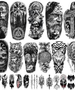 77 sheets Viking Temporary Tattoos Adult, Nordic Celtic Tattoos, Totem Tribal Fake Tattoo Stickers for Viking Costume, Nordic Norse Yggdrasil Valknut Fake Arm Tattoos for Women Men Kids