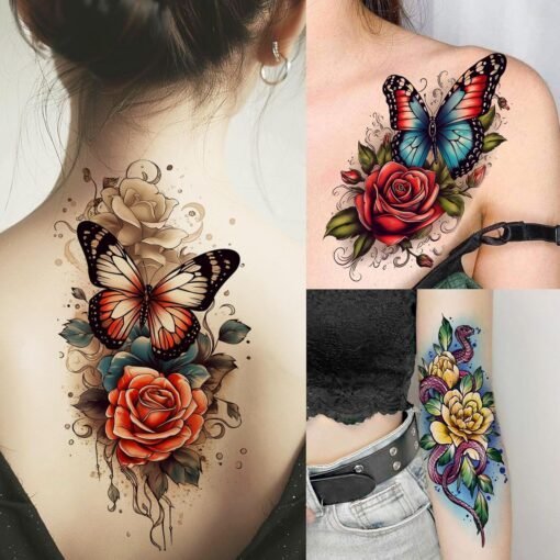 69 Sheets Watercolor Rose Flower Temporary Tattoos For Women Girls Adults Forearm, Flamingo Temp Arm Sleeve Tattoo Peony Florals Red Blue Skull Tiger, Bulk Long Lasting Fake Tattoo Stickers Butterfly - Image 2