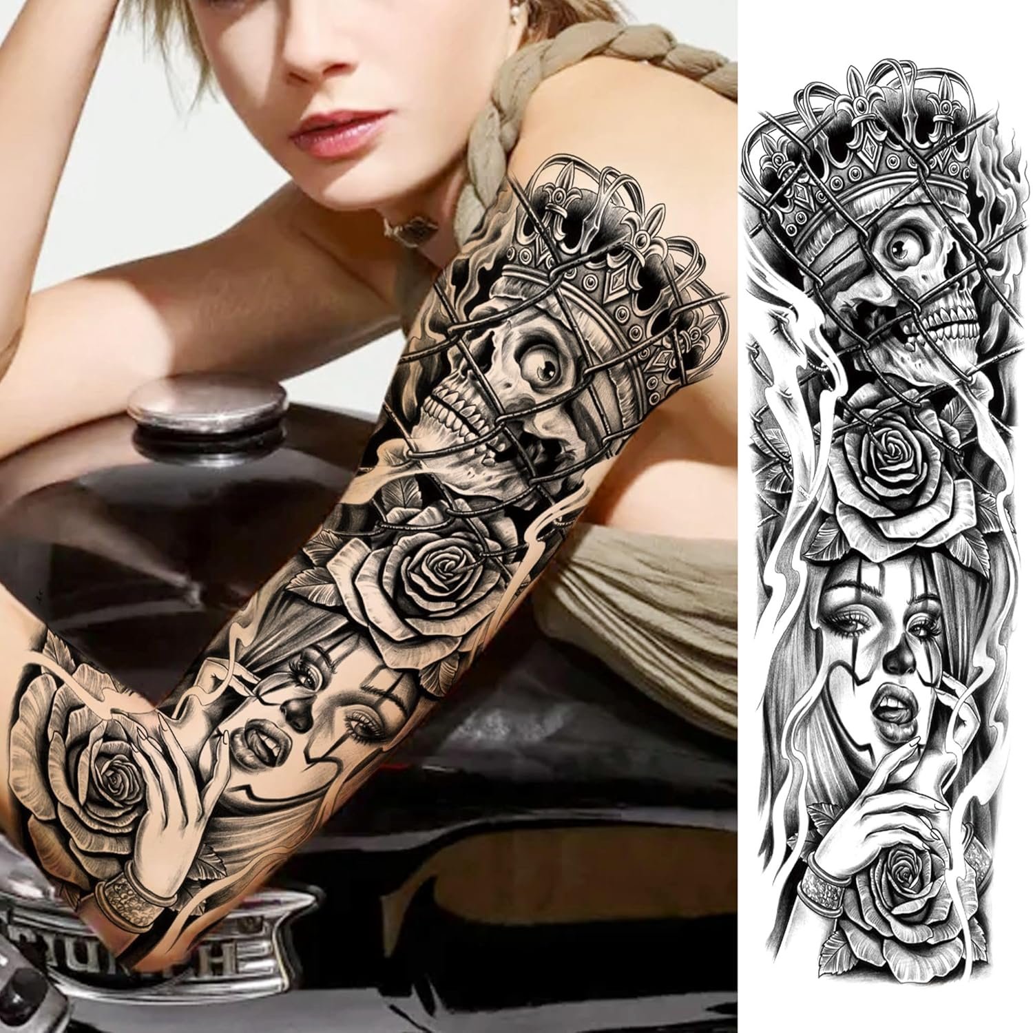 20 Sheets Extra Large Full Arm Temporary Tattoos For Women, 8 Sheets Full Sleeve Tattoos For Men Zeus Lion Tiger Ship Eagle Rose Flower Wolf, Long Lasting Temp Bulk Tattoo For Adults Maori Skull - Image 6