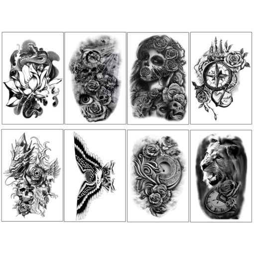 32 Sheets Temporary Tattoos Stickers, 8 Sheets Fake Body Arm Chest Shoulder Tattoos for Men Women with 24 Sheets Tiny Black Temporary Tattoos - Image 5