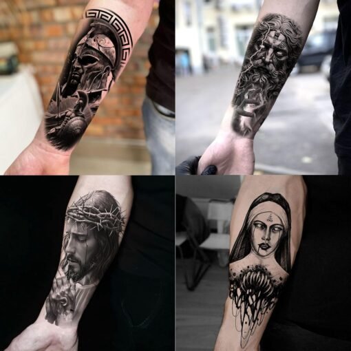 20 Sheets Black Gothic Full Arm Temporary Tattoos For Men Adults Thigh, Nun Girl Skull Skeleton Zeus God Jesus Christ Fake Sleeve Tattoos For Women - Image 7