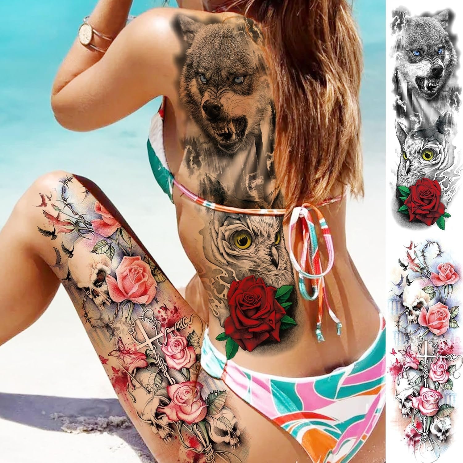 20 Sheets Sexy Rose Flower Full Arm Temporary Tattoos For Women Girl, Large Peony Lotus Florals Wolf Lion Tiger Fox Skull Fake Sleeve Tattoo - Image 2