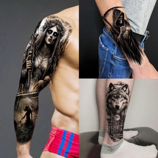 20 Sheets Black Gothic Full Arm Temporary Tattoos For Men Adults Thigh, Nun Girl Skull Skeleton Zeus God Jesus Christ Fake Sleeve Tattoos For Women - Image 5