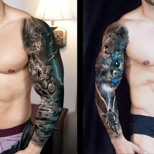 20 Sheets Lion Extra Full Arm Temporary Tattoos For Men Adults, 3D Maori Tiger Clock Fake Sleeve Tattoos For Women, Long Lasting Temp Bulk Tribal Halloween Tattoo Stickers Warrior Flower Gladiator - Image 2