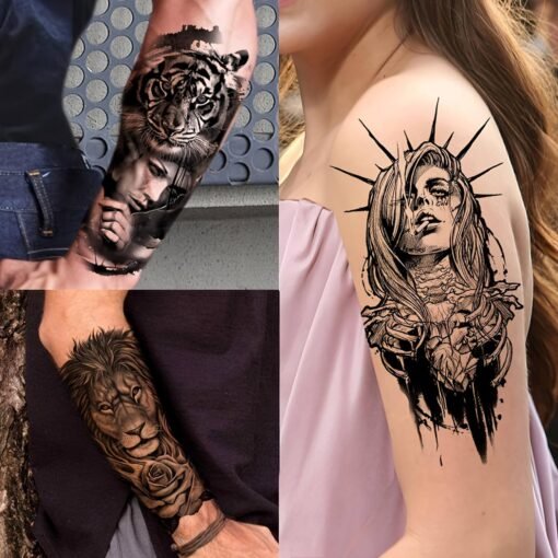 20 Sheets Black Tribal Wolf Tiger Lion Temporary Tattoo Sleeve For Men Adults, 3D Halloween Prison Gothic Maori Sleeve Tattoos For Women, Fake Full Arm Sleeve Tattoo Stickers Skull Skeleton - Image 7