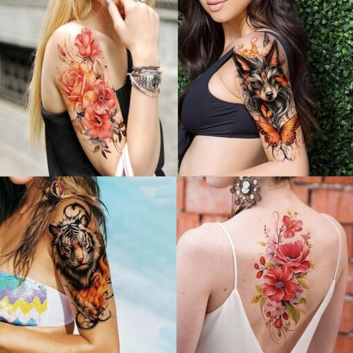 20 Sheets Extra Large Full Arm Temporary Tattoos For Women Thigh, Wolf Fox Peacock Skull Rose Flower Sleeve Tattoos For Adults, 3D Long Lasting Temp Bulk Lion Nun Witch Halloween Fake Tattoo Stickers - Image 7