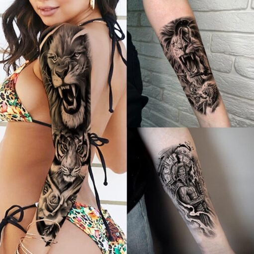 20 Sheets Lion Extra Full Arm Temporary Tattoos For Men Adults, 3D Maori Tiger Clock Fake Sleeve Tattoos For Women, Long Lasting Temp Bulk Tribal Halloween Tattoo Stickers Warrior Flower Gladiator - Image 7