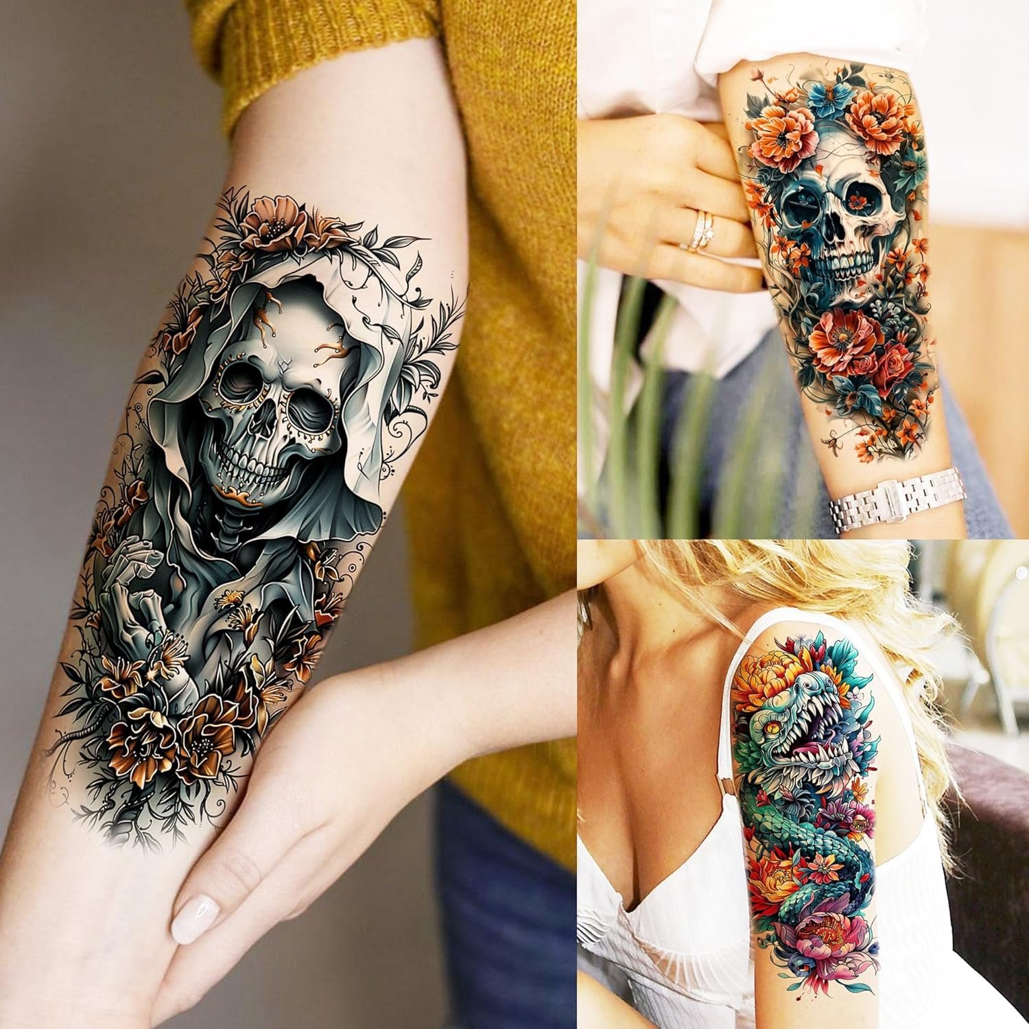 71 Sheets Dead Skull Temporary Tattoos For Women Men Adults, Old School Halloween Fake Tattoo Stickers Tiger Wolf Lion Dragon Flowers, Temp Punk Gothic Chicano Carp Skeleton Tattoo Indian Eagle Floral - Image 3