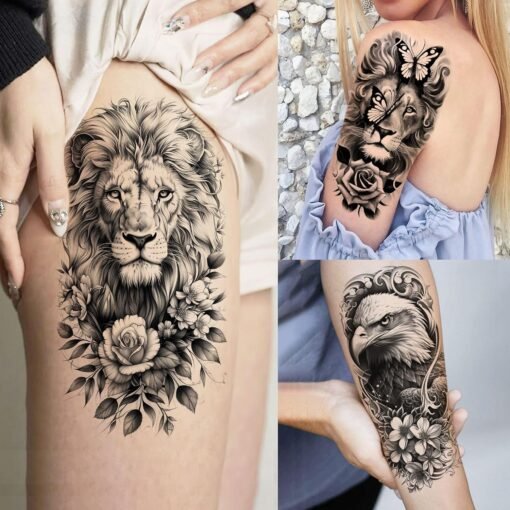 72 Sheets Realistic Lion Rose Flower Temporary Tattoos For Women Girls Adults Arm, Bulk Temp Sleeve Tattoos Peony Fox Wolf Florals, Halloween 3D Realistic Fake Tattoo Stickers Skull Skeleton Tiger - Image 4