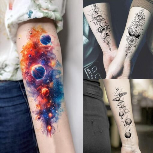 70 Sheets Watercolor Planets Galaxy Temporary Tattoos For Women Men Kids Boys Girls, 3D Star Universe Solar System Waterproof Half Arm Sleeve Tattoos For Adult, Forearm Fake Tattoo Sticker Outer Space - Image 2