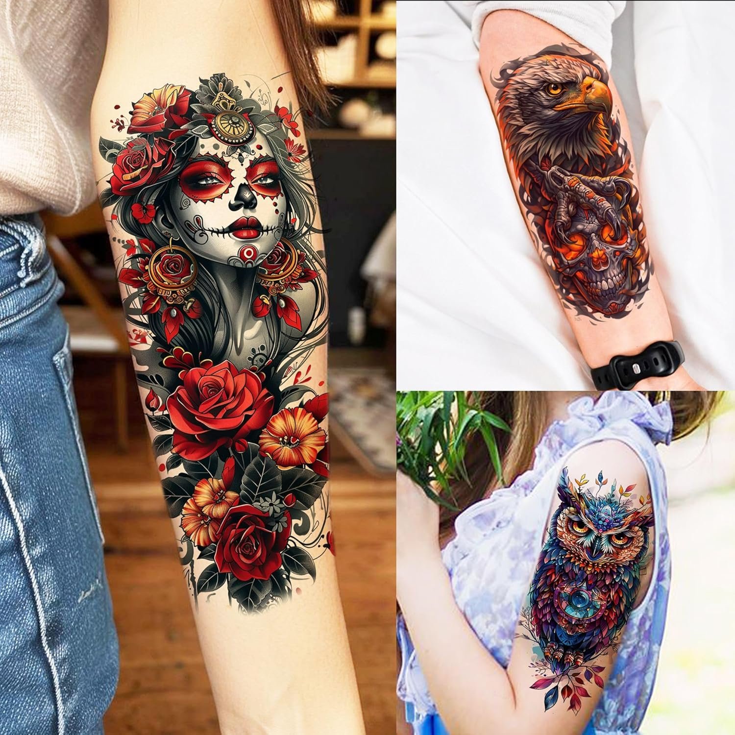 71 Sheets Dead Skull Temporary Tattoos For Women Men Adults, Old School Halloween Fake Tattoo Stickers Tiger Wolf Lion Dragon Flowers, Temp Punk Gothic Chicano Carp Skeleton Tattoo Indian Eagle Floral - Image 2