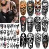 77 Sheets Black Skull Temporary Tattoos Adult Women Men Skeleton Death Devil Half Arm Fake Tattoos Stickers,Kids Spider Web Vampire Scar Horror Halloween Tattoos Costume