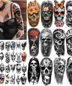 77 Sheets Black Skull Temporary Tattoos Adult Women Men Skeleton Death Devil Half Arm Fake Tattoos Stickers,Kids Spider Web Vampire Scar Horror Halloween Tattoos Costume