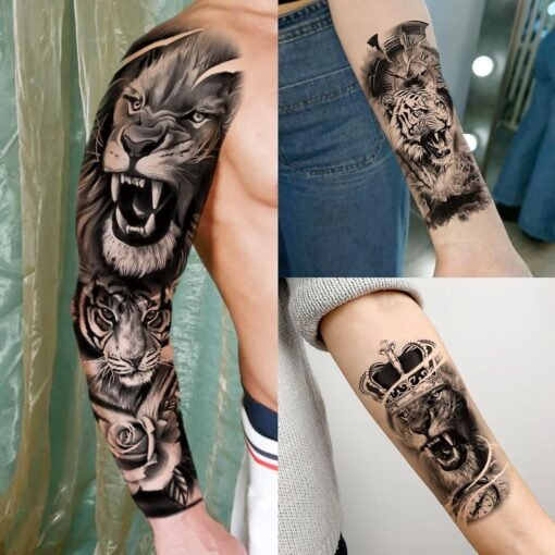 20 Sheets Cool Lion Full Arm Temporary Tattoos For Men Adults Thigh, Wolf Tiger Warrior Maori Totem Fake Sleeve Tattoos For Women, 3D Bulk Black Tribal Clock Halloween Tattoo Stickers - Image 5