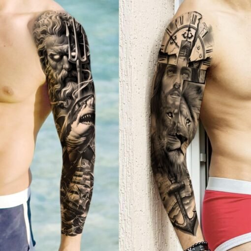 20 Sheets Black Gothic Full Arm Temporary Tattoos For Men Adults Thigh, Nun Girl Skull Skeleton Zeus God Jesus Christ Fake Sleeve Tattoos For Women - Image 4