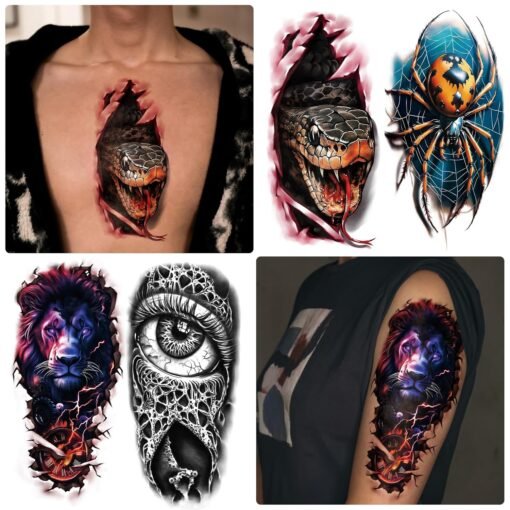 77 Sheets 3D Realistic Temporary Tattoos Adults Kids, Realistic Skull Tiger Wolf Lion Dragon Spider Snake Temporary Tattoos For Women Men, Half Arm 3D Halloween Temp Tattoos Look Real And Last Long - Image 3
