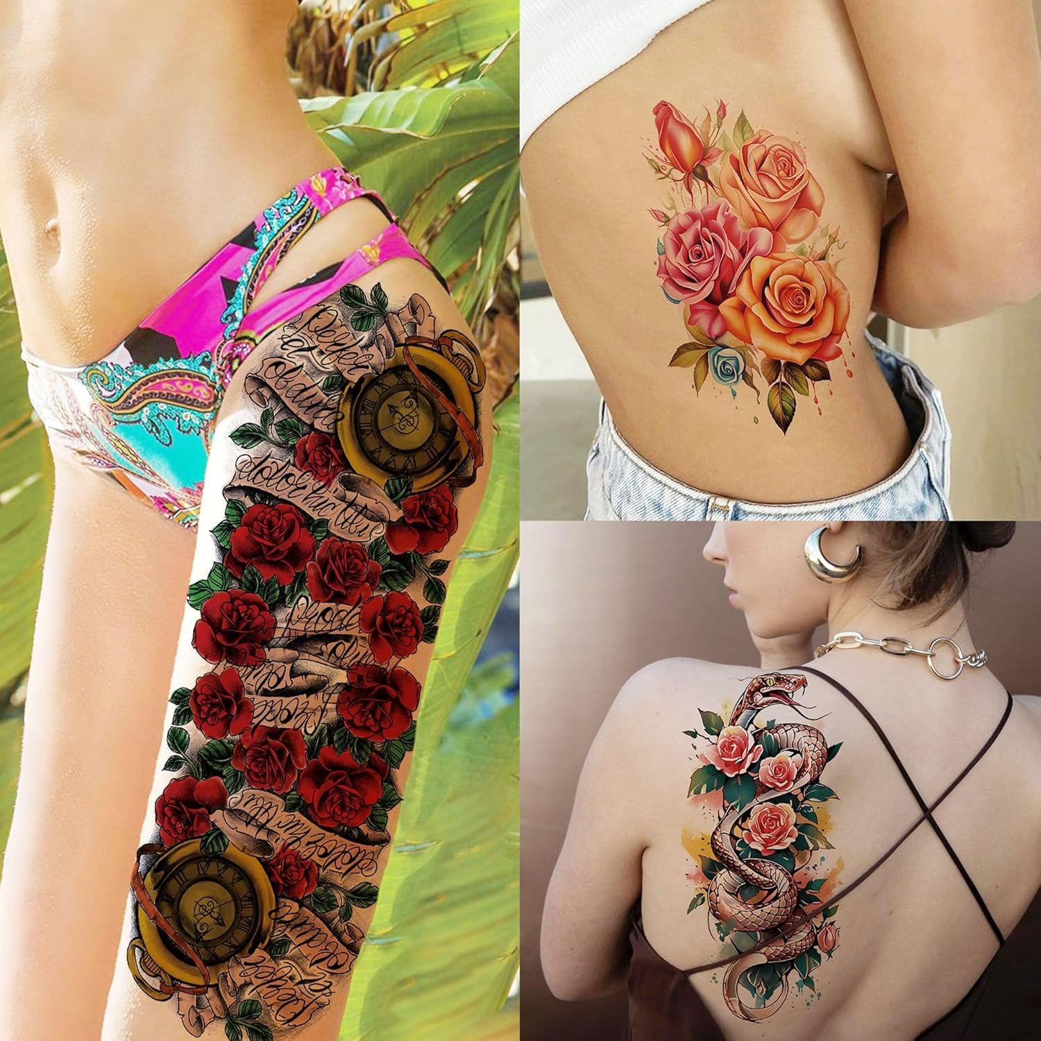 20 Sheets Sexy Rose Flower Full Arm Temporary Tattoos For Women Girl, Large Peony Lotus Florals Wolf Lion Tiger Fox Skull Fake Sleeve Tattoo - Image 6