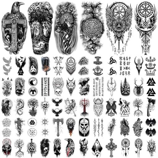 77 Sheets Viking Temporary Tattoos Adult Kids, Viking Pirate Tribal Totem Fake Tattoos Stickers, Nordic Norse Celtic Half Arm Sleeve Tattoos Body Art for Women Men - Image 2