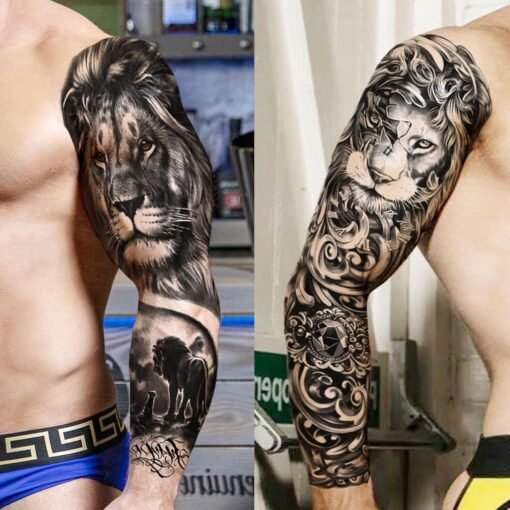20 Sheets Cool Lion Full Arm Temporary Tattoos For Men Adults Thigh, Wolf Tiger Warrior Maori Totem Fake Sleeve Tattoos For Women, 3D Bulk Black Tribal Clock Halloween Tattoo Stickers - Image 3