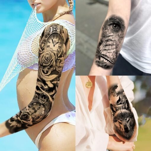 20 Sheets Cool Wolf Lion Tiger Full Arm Temporary Tattoos For Men Adults Thigh, Skull Nun Maori Flower Fake Sleeve Tattoo For Women, 3D Bulk Black Tribal Eye Halloween Clock Christ Tattoo Stickers - Image 6