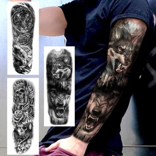 20 Sheets Black Tribal Wolf Tiger Lion Temporary Tattoo Sleeve For Men Adults, 3D Halloween Prison Gothic Maori Sleeve Tattoos For Women, Fake Full Arm Sleeve Tattoo Stickers Skull Skeleton - Image 4