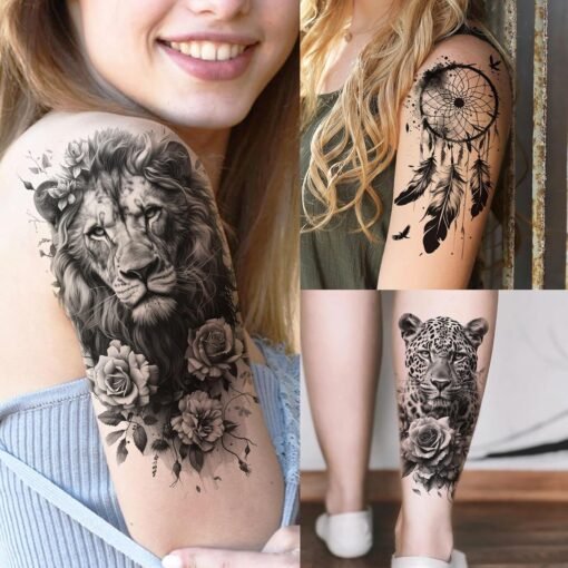 66 Sheets Snake Rose Flower Temporary Tattoos For Women Girls, Dragon Panda Florals Half Arm Sleeve Tattoo Sticker Dreamcatcher Floral, Skull Temp Butterfly Fake Tattoos For Adults Lion Tiger Leopard - Image 4