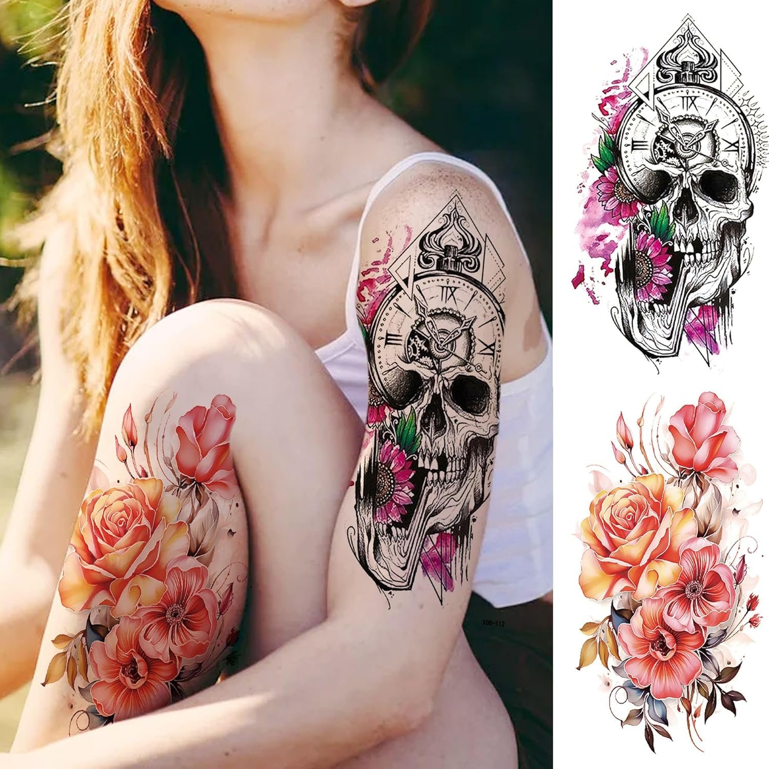 20 Sheets Sexy Rose Flower Full Arm Temporary Tattoos For Women Girl, Large Peony Lotus Florals Wolf Lion Tiger Fox Skull Fake Sleeve Tattoo - Image 7