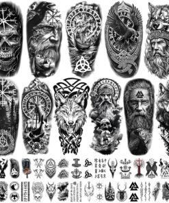 77 Sheets Viking Temporary Tattoos Adult Kids, Viking Pirate Tribal Totem Fake Tattoos Stickers, Nordic Norse Celtic Half Arm Sleeve Tattoos Body Art for Women Men