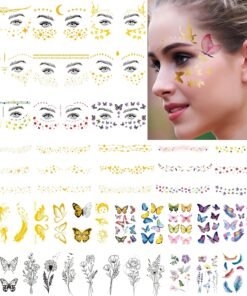 54 Sheets Gold Glitter Freckles Face Tattoo, 150+ Pcs Halloween Face Glitter Temporary Tattoo Stickers, Sparkle Freckles Metallic Face Gems, Faux Freckles Cute Glitter Makeup Accessories For Women