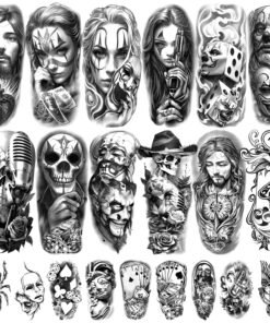77 Sheets Chicano Temporary Tattoos Adult Large Fake Tattoos Chicano Guadalupe Gangster Prisoner Day of the Dead, Lowrider Style Culture Mexico Clown Tattoo Stickers for Men Women