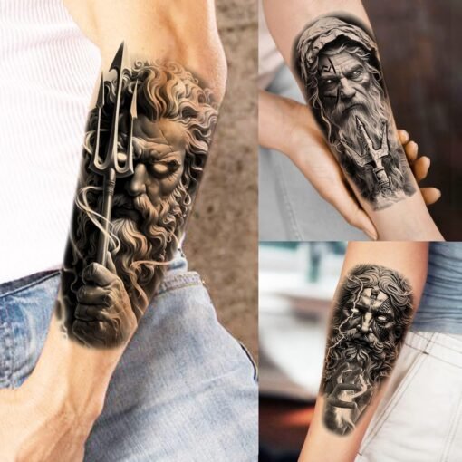 74 Sheets Black King Of The Greek God Zeus Temporary Tattoos For Women Men Adults Mythology, Poseidon Trident Halloween Fake Tattoo Stickers Compass Tribal Eye Totem, Temp Gothic Tattoo Lightning Bolt - Image 2