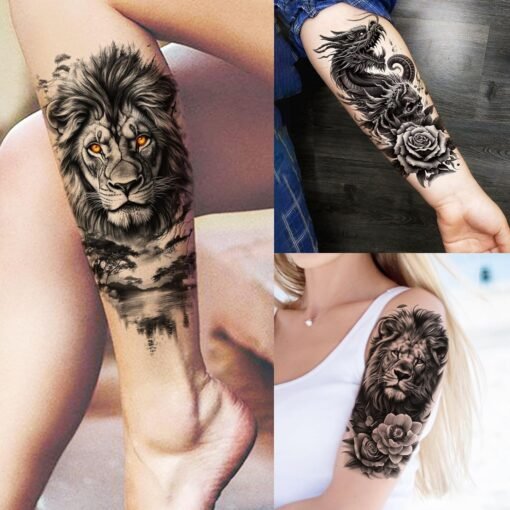 75 Sheets Skull Temporary Tattoos For Men Adults Forearm, Halloween Zeus God Lion Poseidon Half Arm Sleeve Tattoo For Women Jesus Christ Skeleton Dragon Owl, Realistic Fake Tattoo Stickers Wolf Tiger - Image 2