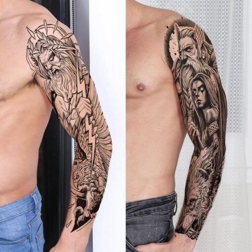 20 Sheets Black Zeus God Full Arm Temporary Tattoos For Men Adults, Egypt Judgement God Albis Snake Medusa Poseidon Fake Sleeve Tattoos For Women - Image 5